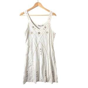 Women’s Bohemian Dress Cream Brown Hippie Festival Floral Embroidered Boho Tank
